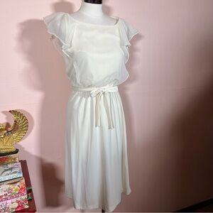 Vintage White Ivory Feminine ruffle shoulder Minimalist Belted Waist Dress 1970'